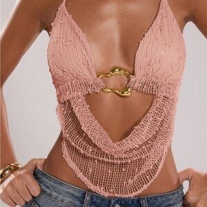 SHEIN Pink Crochet Drape Halter Top with Gold Accent